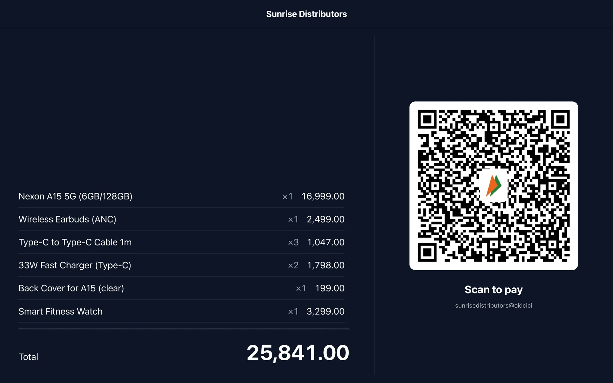 The customer-facing screen showing the itemised bill and a payment code