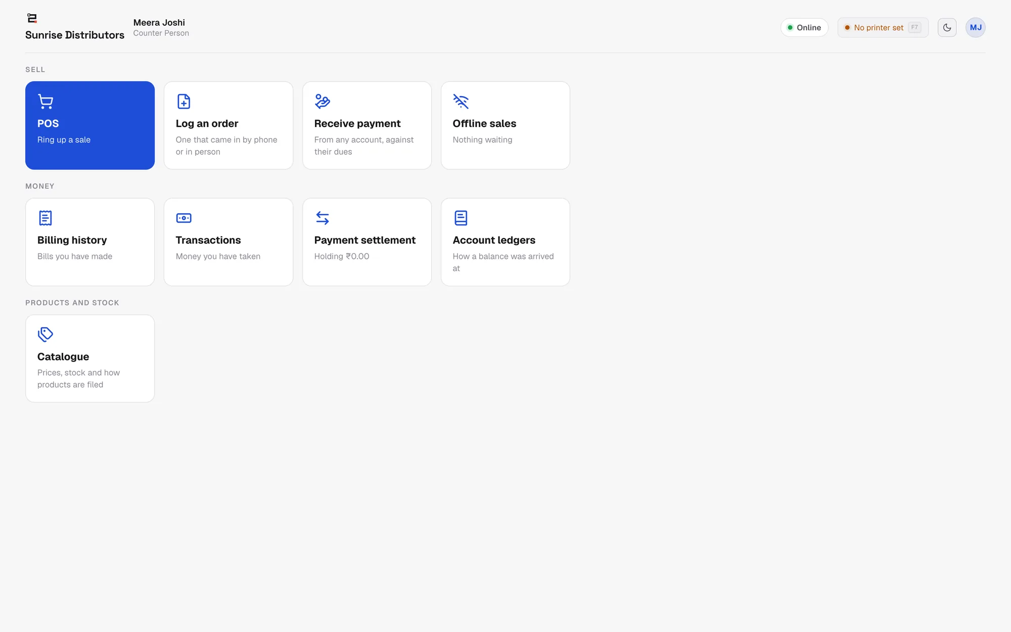 The Zuuvy POS home screen, with offline sales and billing history