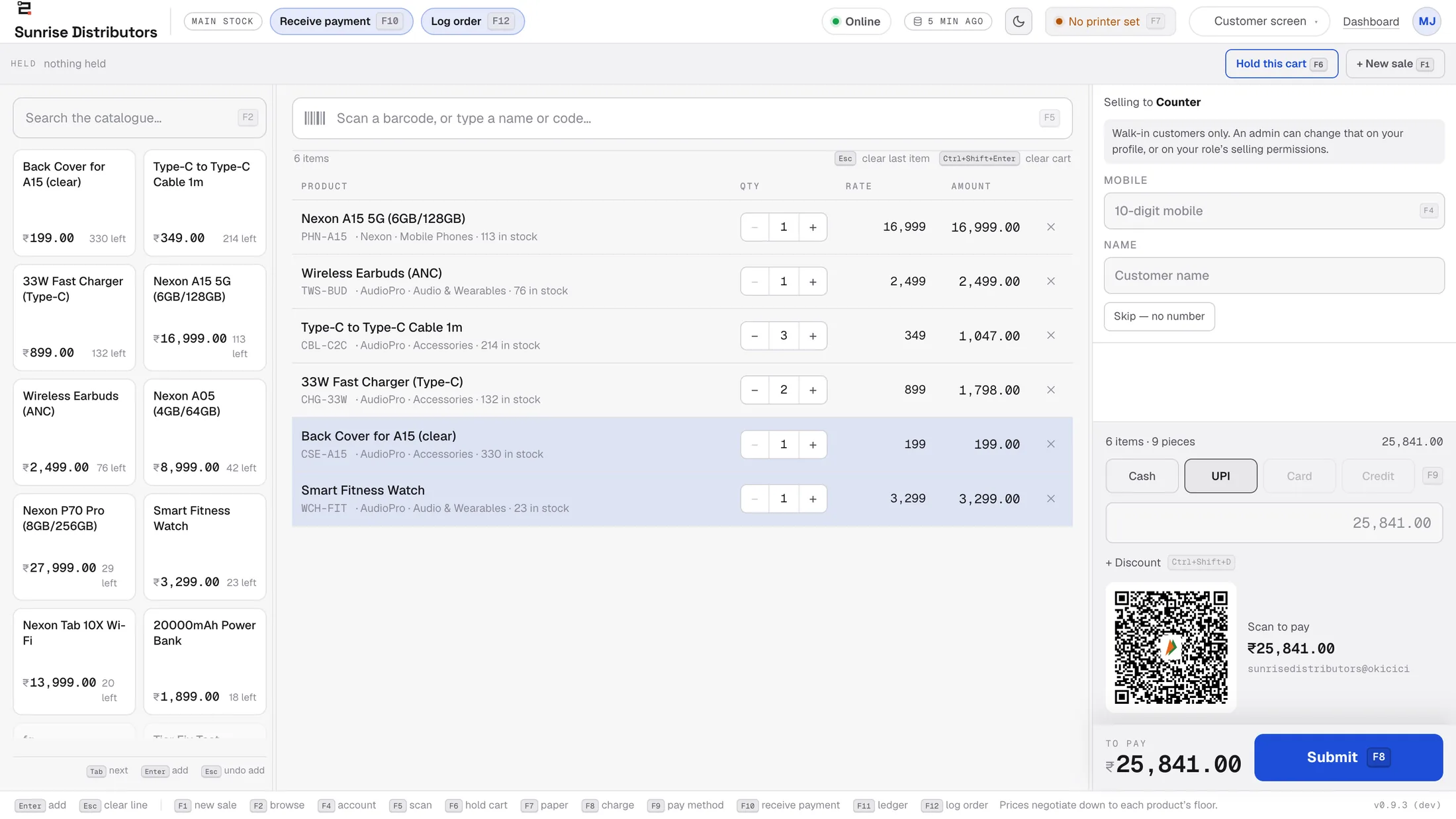 The Zuuvy POS till, with six items on the bill and a UPI code ready to scan